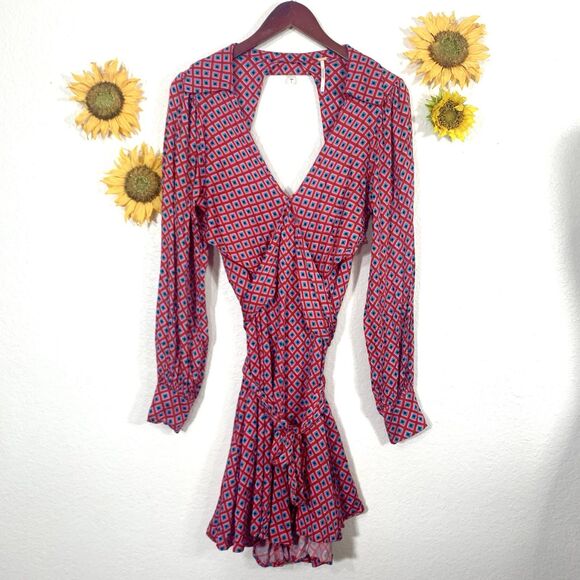 Free People Red Pink Blue Black Open Back Mini Dress Size Medium - Picture 3 of 14